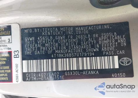 2007 Toyota Avalon Xl из США, поврежденный, VIN 4T1BK36B57U179194